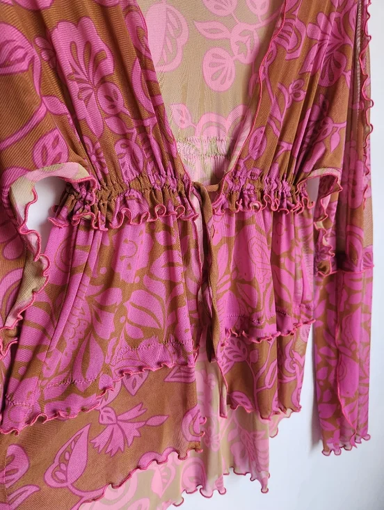 Ana Sui Pink And Tan Ruffled Mesh Open Top With Drawstring Size Small - Picture 6 of 8